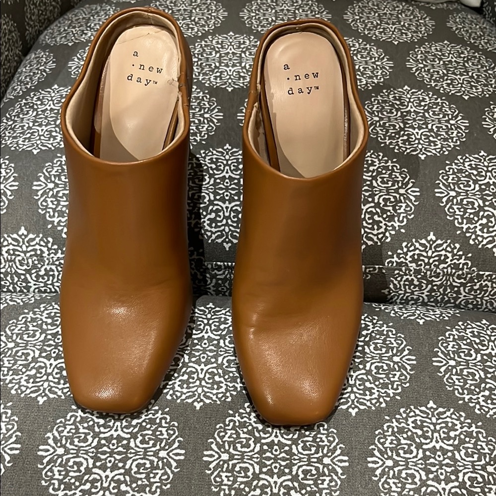 Camel mules with snake print block heel - size 7
